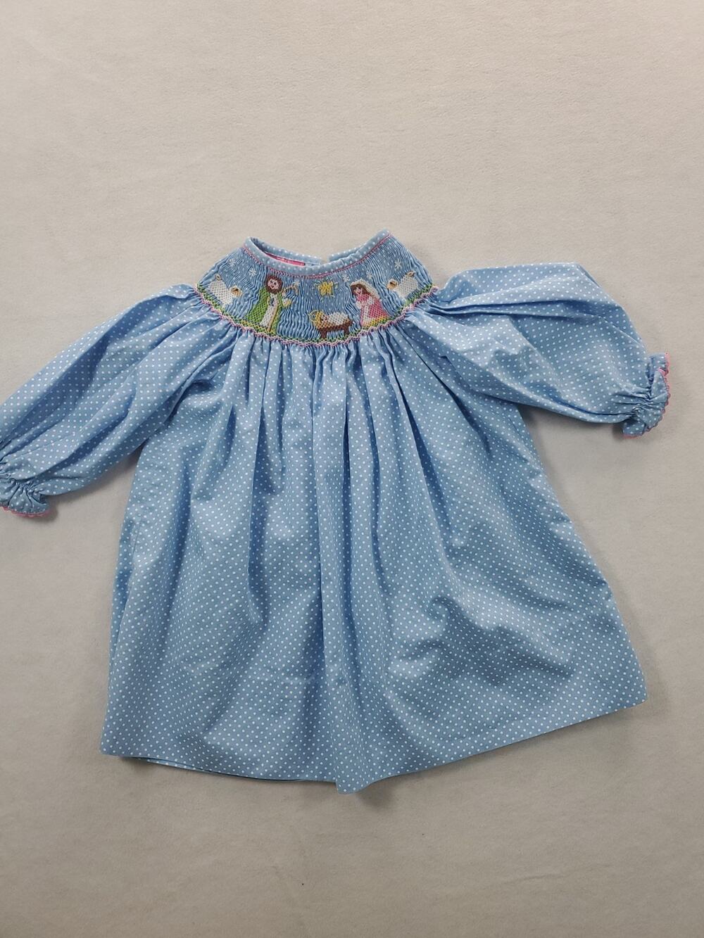 Claire & Charlie Smocked Nativity Scene Bishop Dress 12 Months